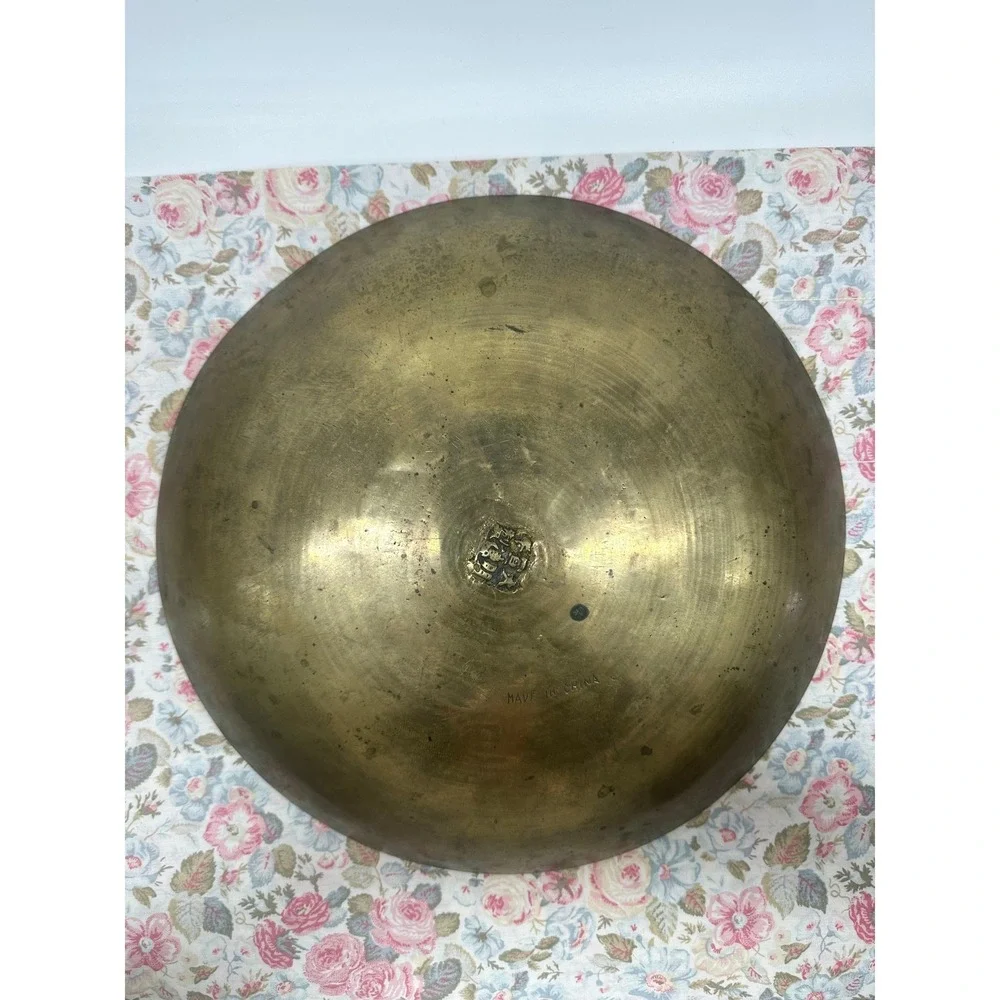Vintage Chinese Brass Dragon Bowl Double Happiness Etched 13 Inch Round